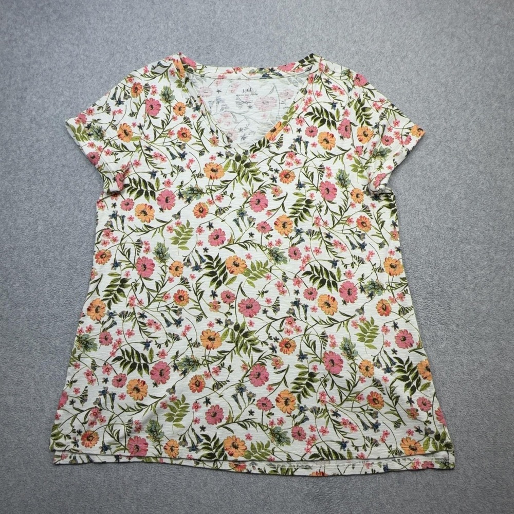 J Jill Pima Short Sleeve V Neck Tee Shirt Womens Medium Green Orange Floral Cuff